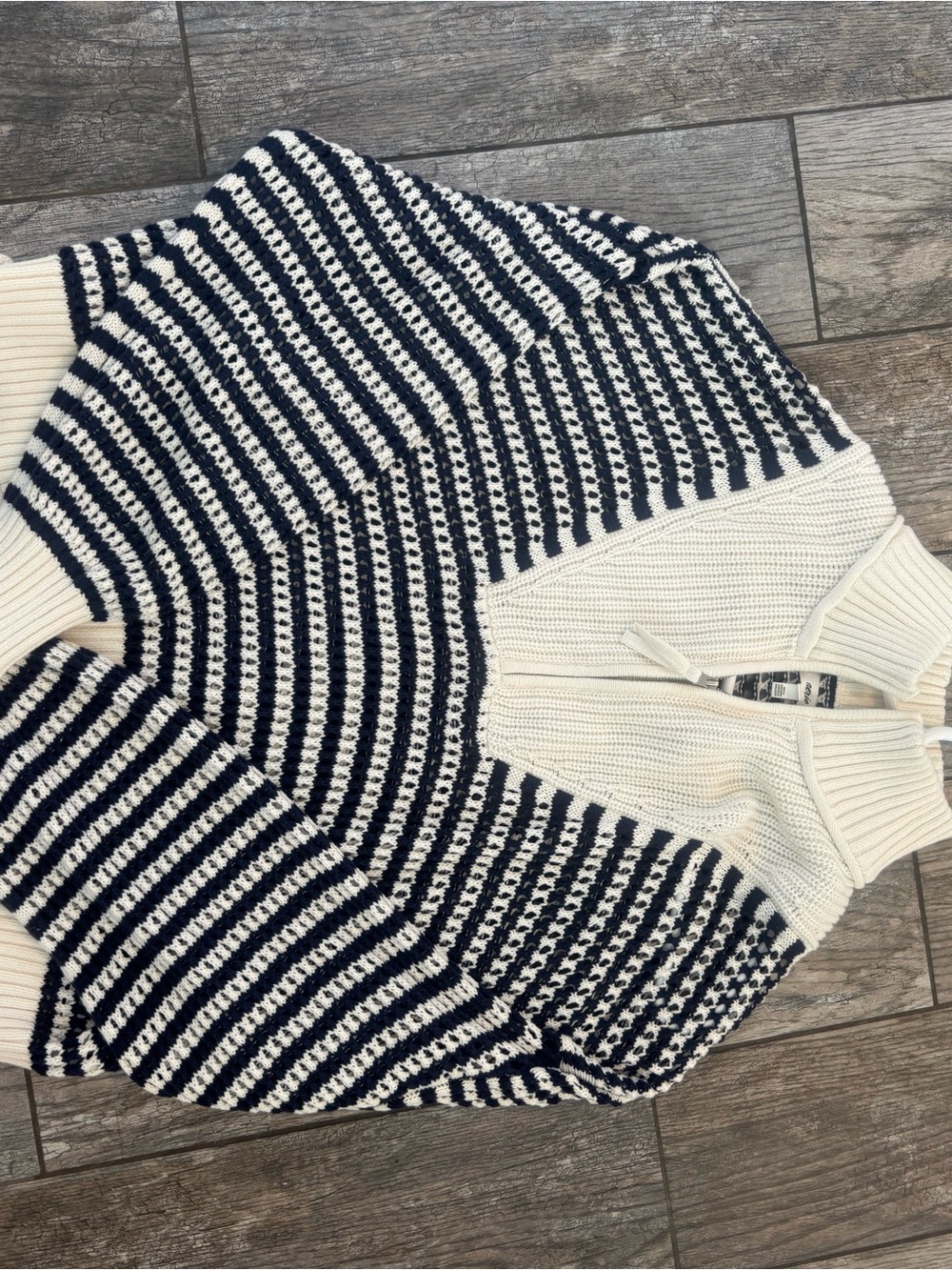 Striped Funnel Neck Sweater - Navy & Cream